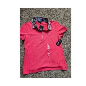 Nautica Jeans Women Coral Pink Plaid Collar Zip Polo‎ Shirt M